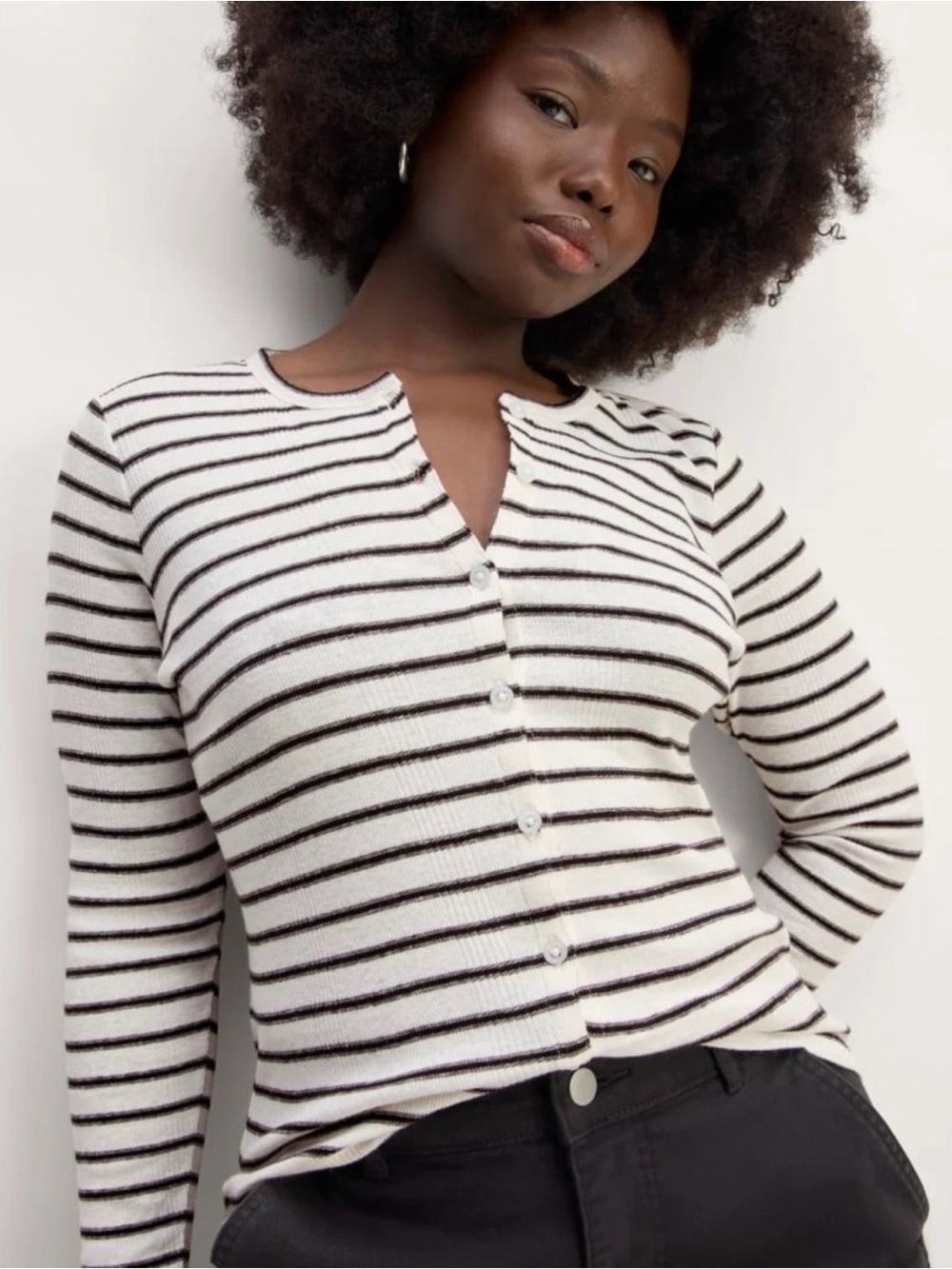 EVERLANE 100% Cotton Striped Button-Front Long Sleeve Top - White & Black